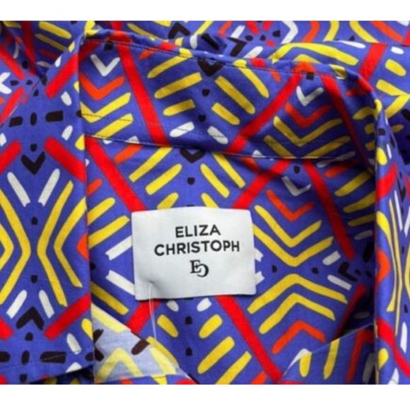 Eliza Christoph Blue Sleeveless Pleated Belted Multicolor Print Shirt Dress sz M - Picture 4 of 5